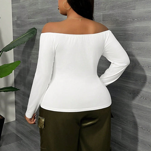 Plus Size Women Clothing off Shoulder Cross V neck Long Sleeved T shirt Pleated Waist Tight Slim Fit Cold Shoulder Elegant Top