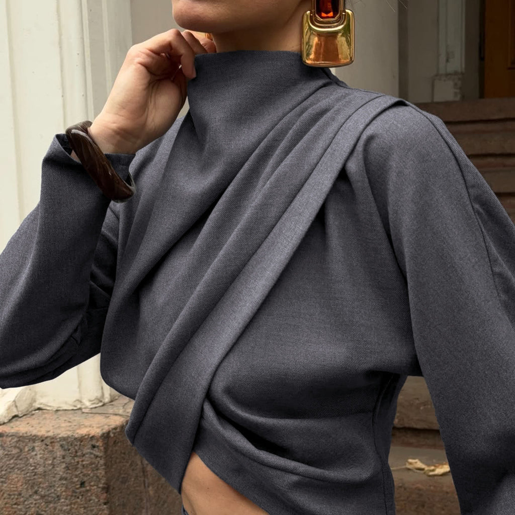 Women's Gray Turtleneck Top And Wide-Leg Pants Set