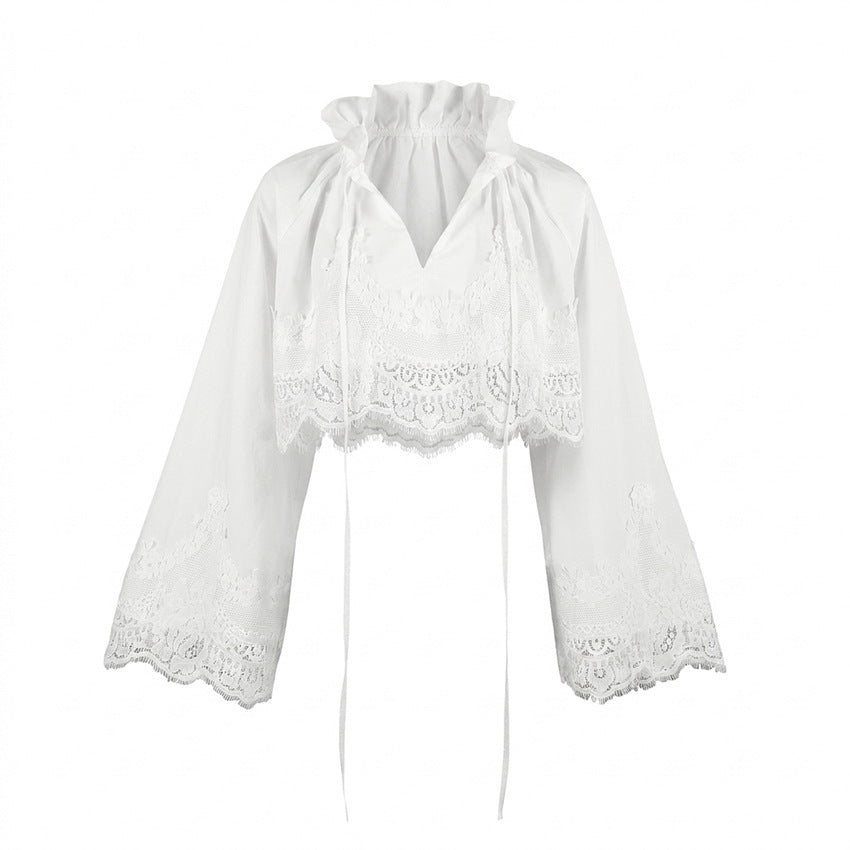 Hollow Out Cutout Out Lace Short Cotton Shirt Top Collar Bell Sleeve Cropped