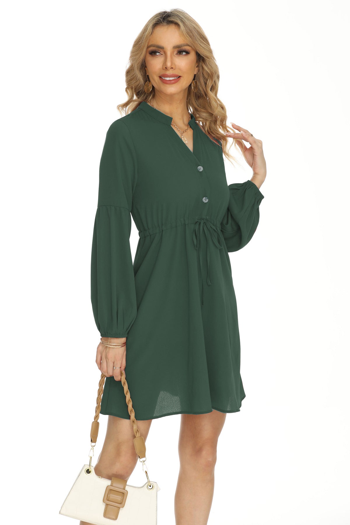 Women's Button-Front V-Neck Mini Dress