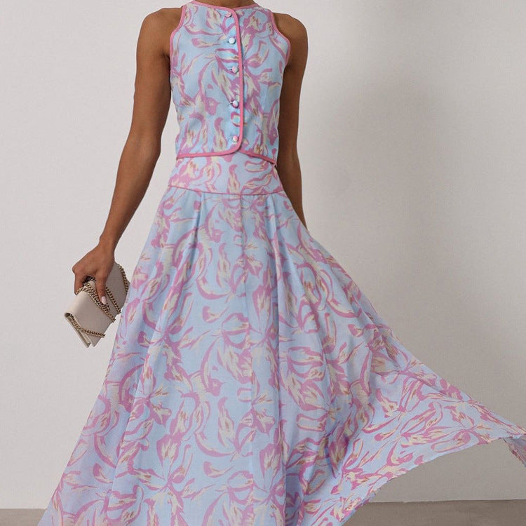 Summer Printed Skirt Set Women Arrival round Neck SL