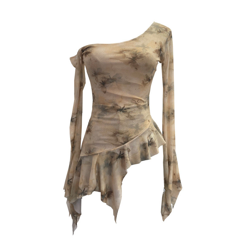 Women's Real Shot Personalized Tie Dyed Printed Oblique Shoulder Tops Slim Irregular Asymmetric Ruffled Horn Long Sleeve Mesh T Shirt