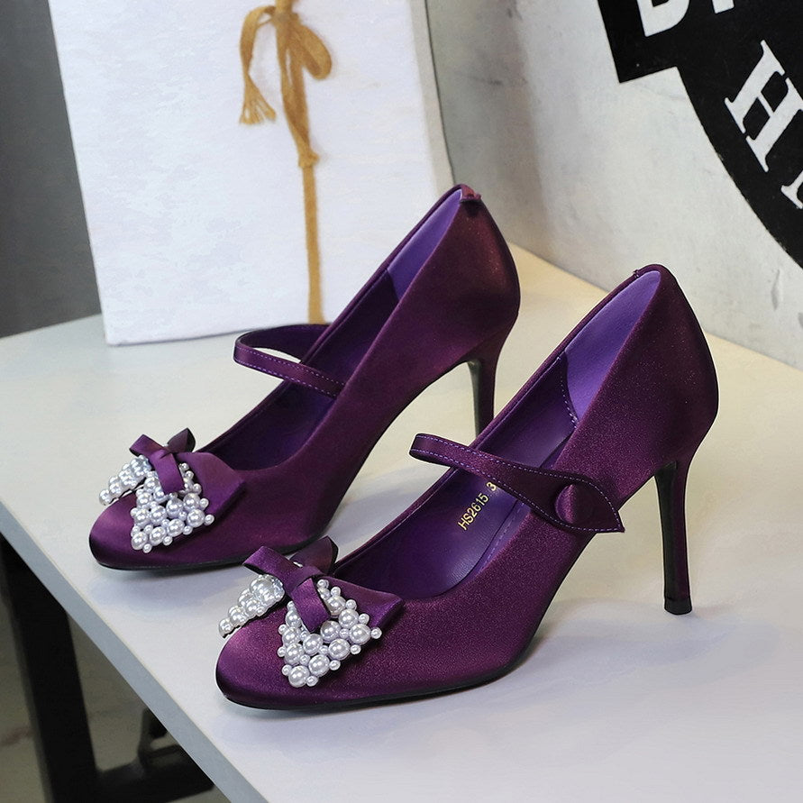 Women's Satin Stiletto Heels With Pearl Bow