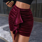 Women's Autumn Winter Velvet High Waist Short Skirt Pleated Ruffled Slim Fit All Matching Hip Skirt