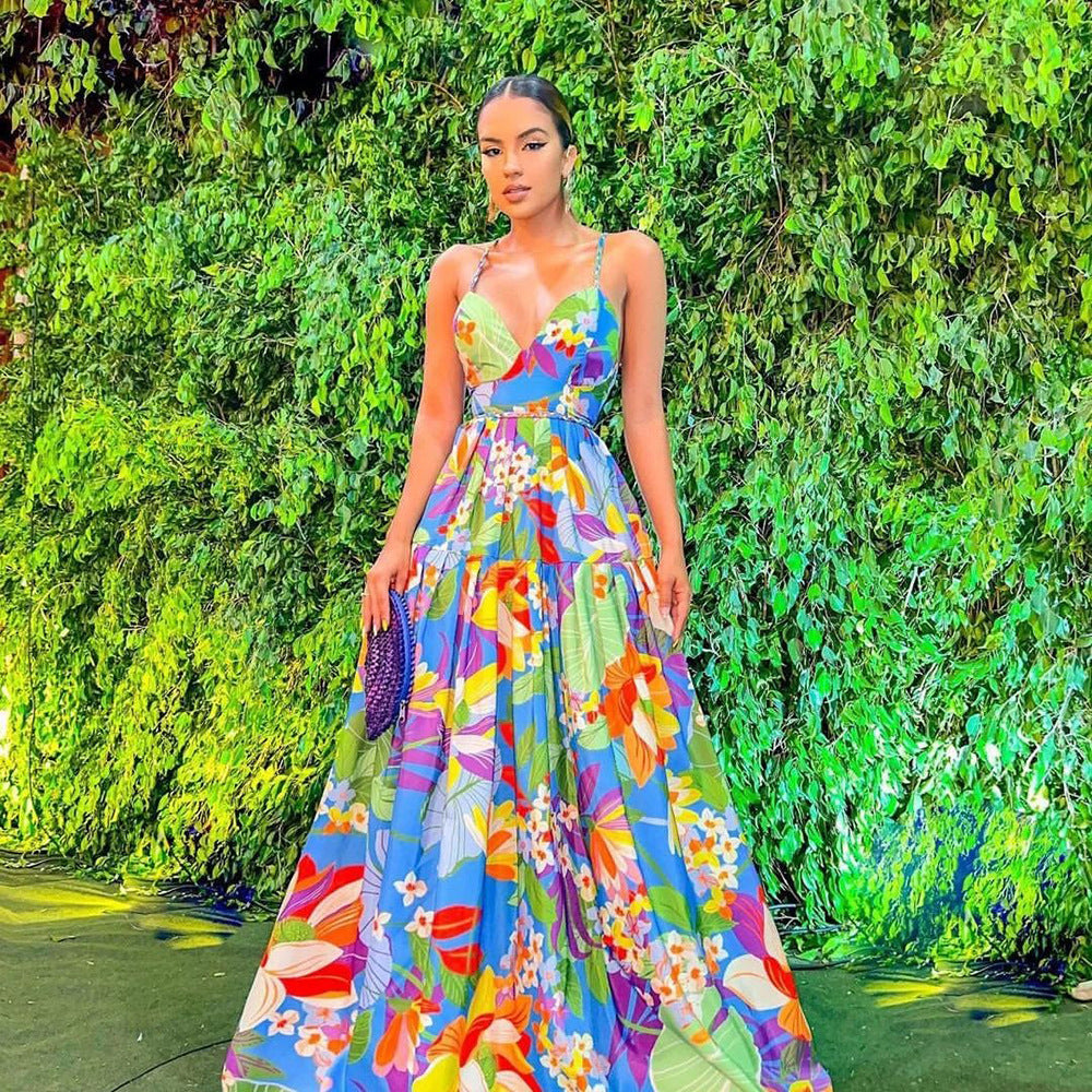 Women's Summer Women Clothing Dress Holiday Floral Print Multi Color Off Shoulder Large Swing Sling Long