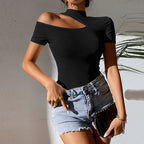 Women’s Black Asymmetric Mock Neck Short Sleeve Top
