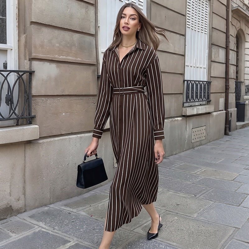 Lazy Elegant Collared Vertical Striped Shirt Mid Length Dress