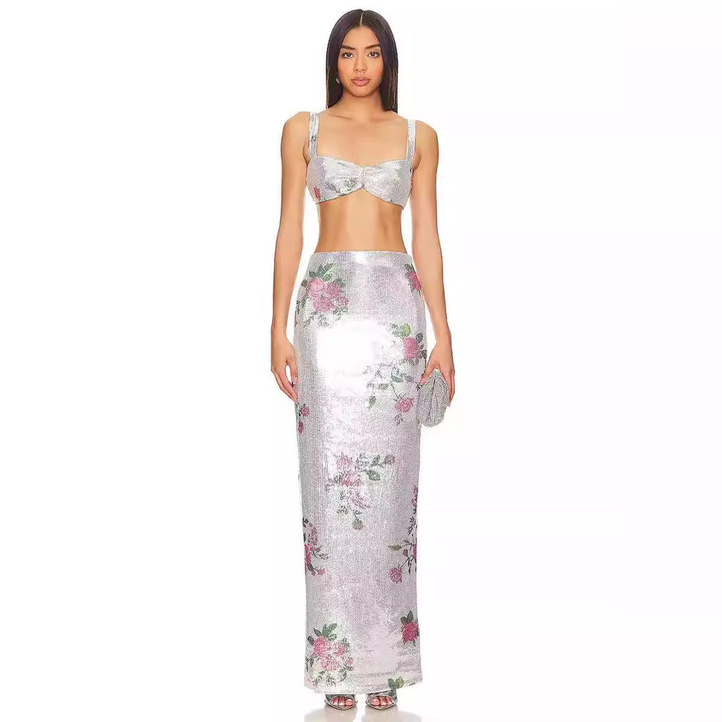 Women's Romantic Vacation Fresh Retro Printed Thin Mesh Skirt Summer Elegant Casual Skirt Sequins