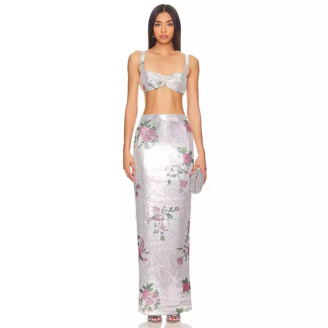 Women's Romantic Vacation Fresh Retro Printed Thin Mesh Skirt Summer Elegant Casual Skirt Sequins