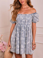 Light blue denim dress with off-shoulder puff sleeves, square neckline, and gathered waist