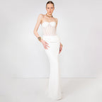 Women's Solid Color Boning Corset Strapless Cinched Waist Long Slit Skirt Two Piece Sets