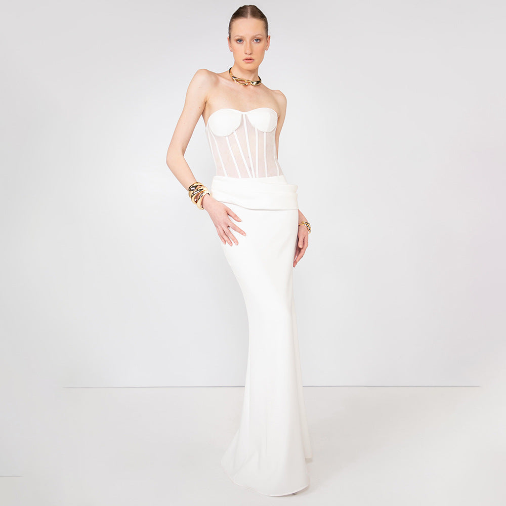 Women's Solid Color Boning Corset Strapless Cinched Waist Long Slit Skirt Two Piece Sets
