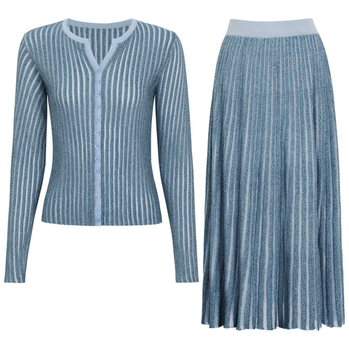 Light blue ribbed knit cardigan-style jacket with pleated midi skirt in two-piece set