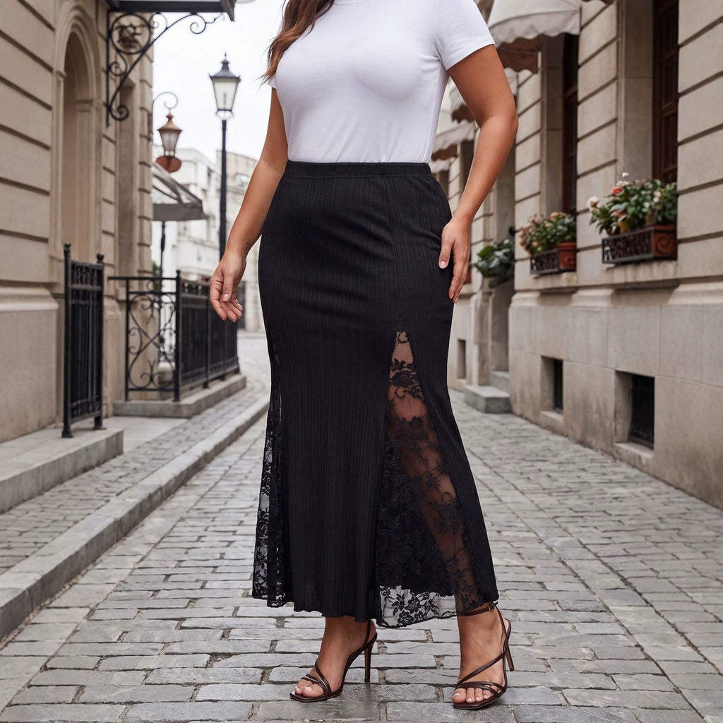 Women's Plus Size Lace-Trim Pencil Midi Skirt