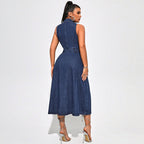 Sleeveless Collared Denim Split Maxi Dress
