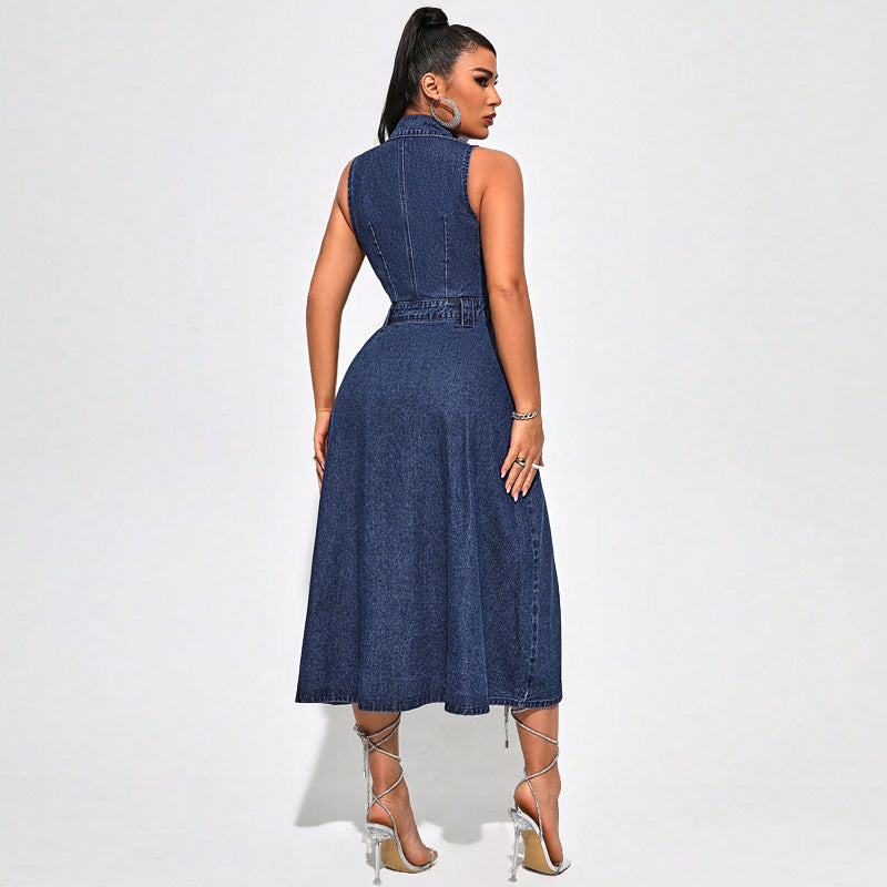 Sleeveless Collared Denim Split Maxi Dress