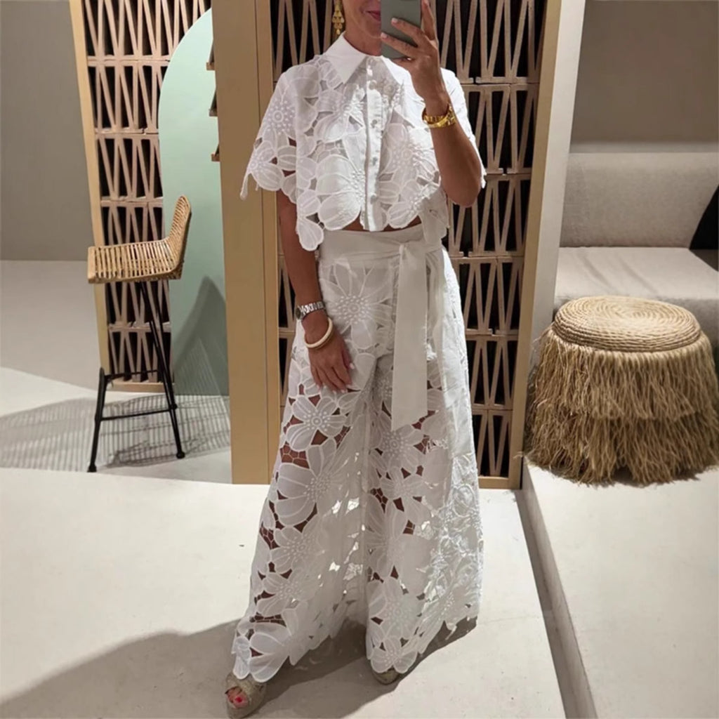 Summer Solid Color Sexy Cutout Cardigan Top Wide Leg Pants Two Piece Set Women