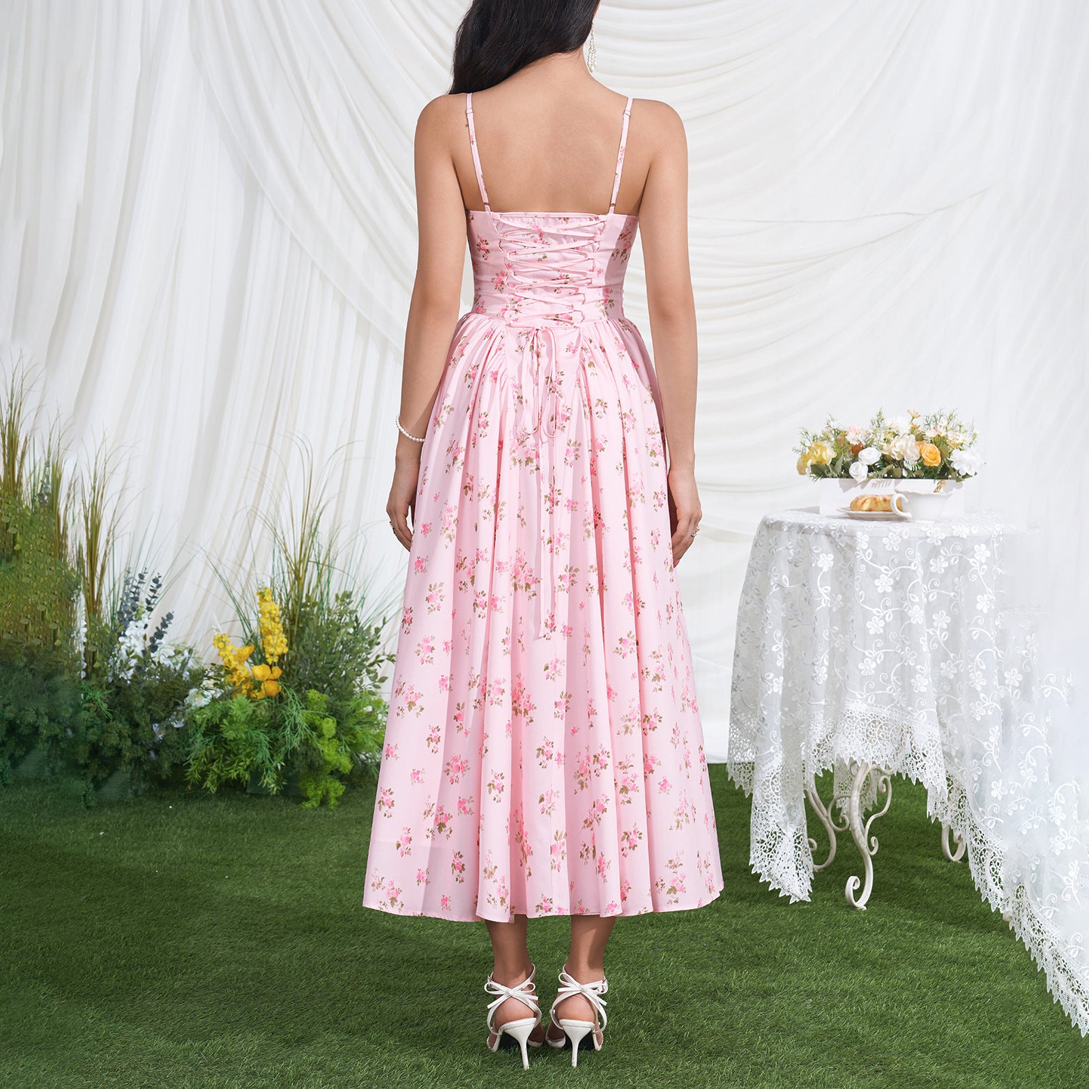Women's Printed Pleated Backless Midi Dress