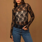 Women's Women Clothes See Through Hollow Out Cutout Mesh Sexy Lace Solid Color Multi Color Long Sleeve Half Collar Top