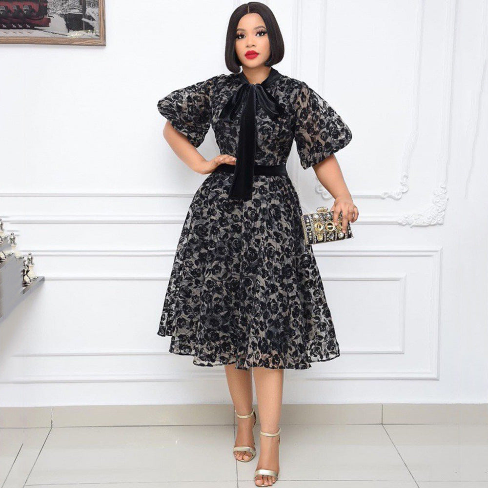 Women's Black Floral Lace Puff Sleeve A-Line Midi Dress