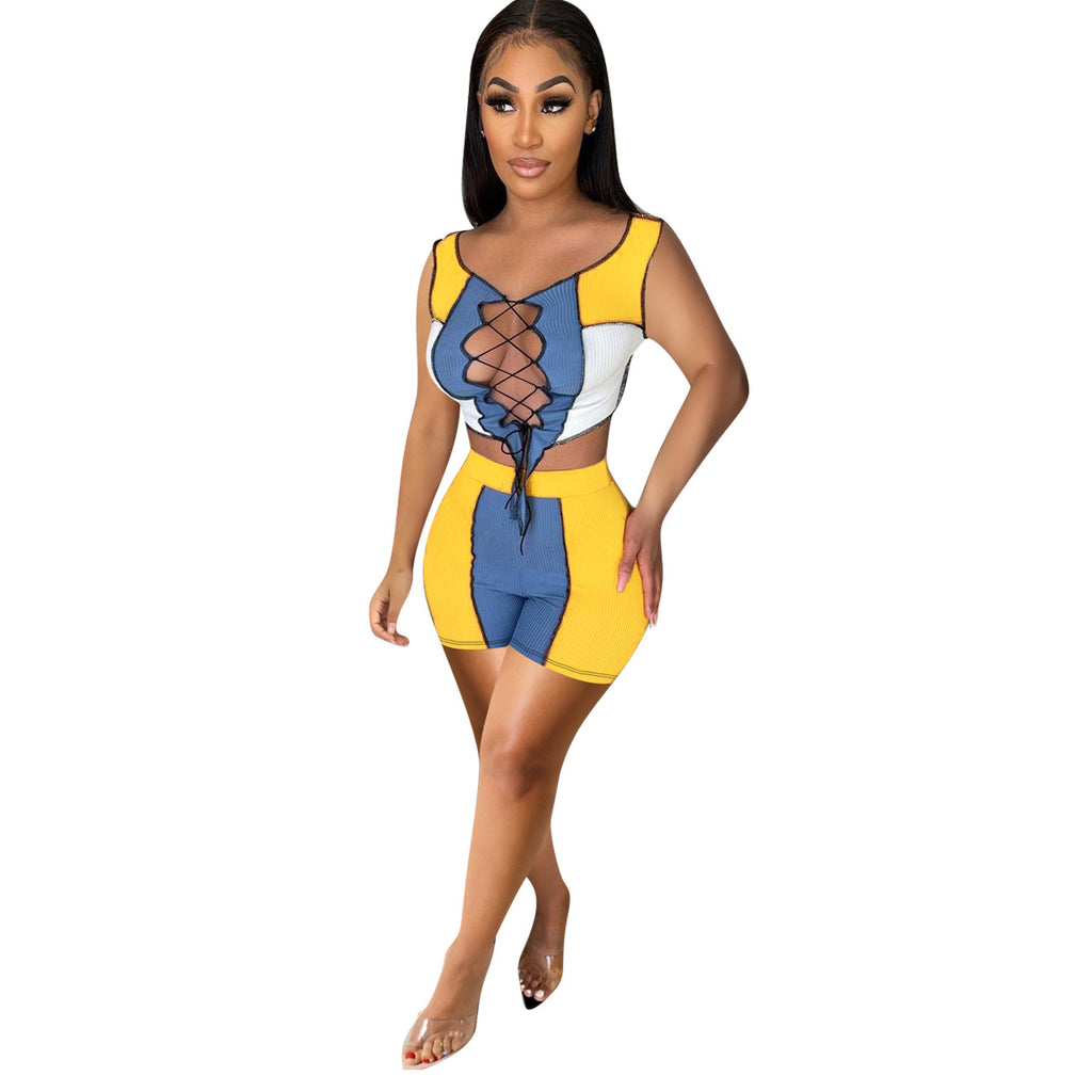 Sun Tanning Lace-Up Rib Stitching Sports Casual Suit Set