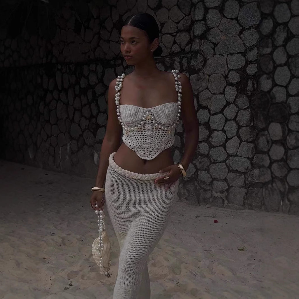 Spring Summer Solid Color Crop Top Spaghetti Strap Beaded Top Short Sets