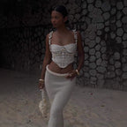 Spring Summer Solid Color Crop Top Spaghetti Strap Beaded Top Short Sets
