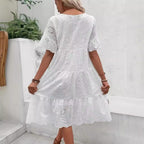 Cotton Embroidered Lace Short-Sleeve A-Line Midi Dress
