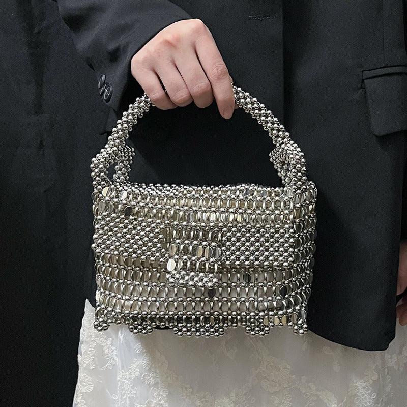 Women's Silver Beaded Woven Phone Bag