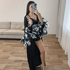 Spring Summer Black Satin Cardigan Lace up Nightgown