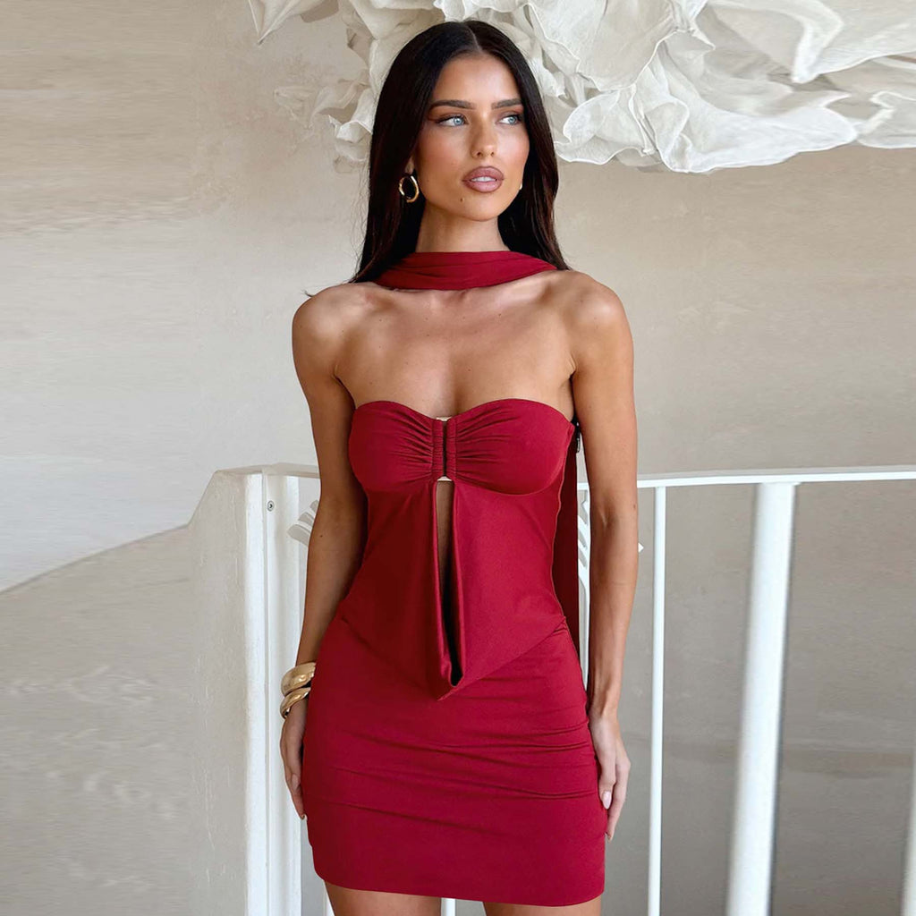 Halter Scarf-Detail Ruched Bodycon Mini Dress