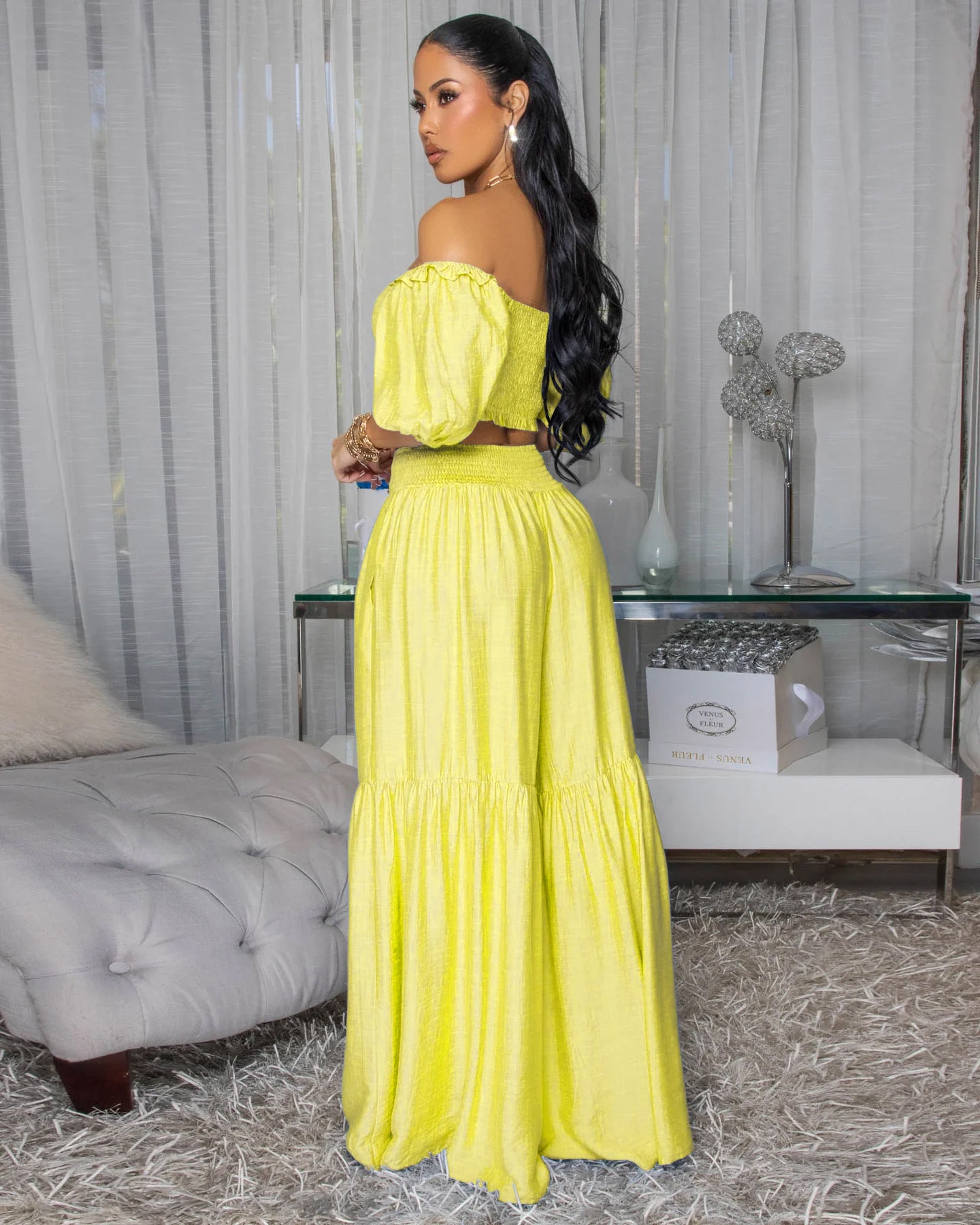 Yellow off-shoulder puff-sleeve crop top with tiered maxi skirt two-piece outfit