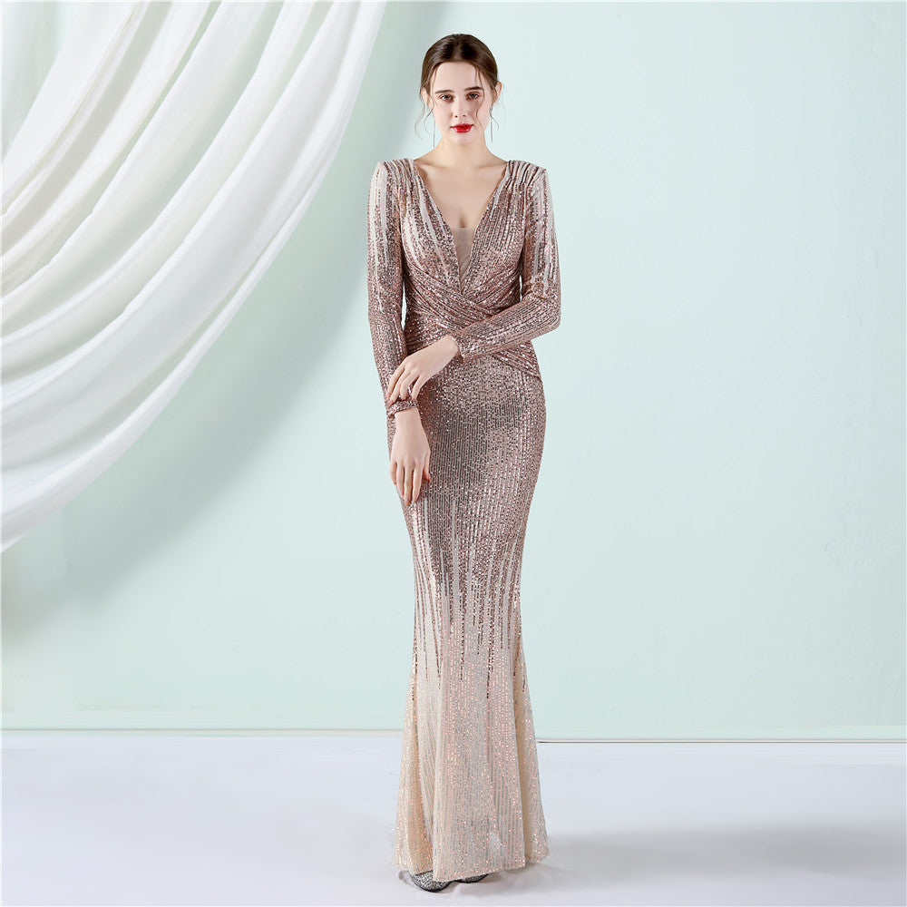 Women's Gradient Sequin Long Sleeve Evening Dress Long Sequin Dress Toast