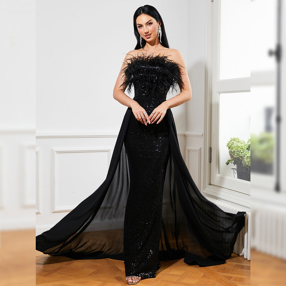 Long Sequin Sleeveless Feather Wrapped Chest Backless Cocktail Evening Dress Bride