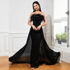 Long Sequin Sleeveless Feather Wrapped Chest Backless Cocktail Evening Dress Bride