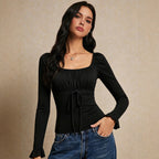 Square Collar Long Sleeve T shirt Women Lace Stitching Tied