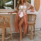 Orange open-knit tassel cardigan with short sleeves and fringe