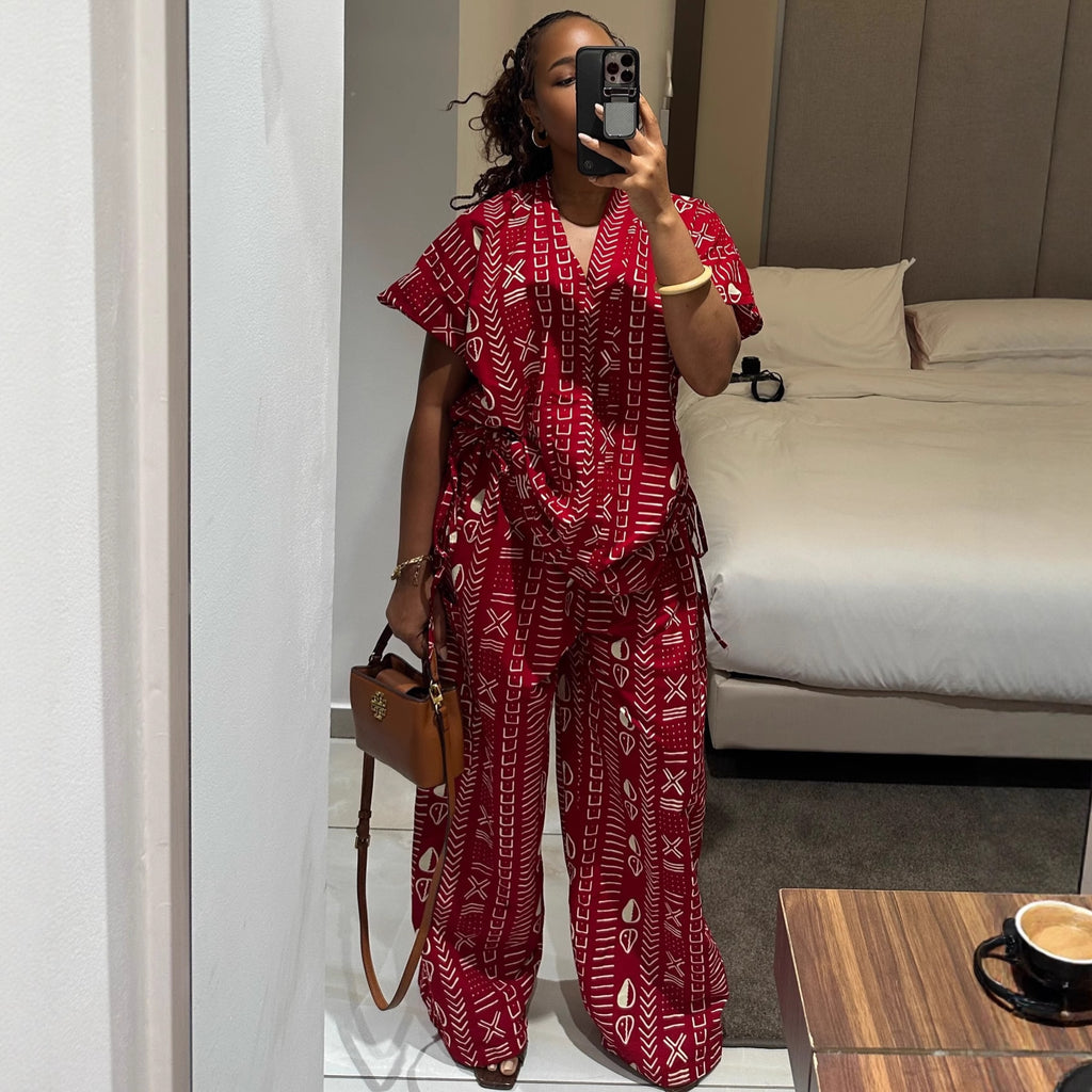 Women's Red Printed Shirt & Pants Set