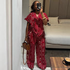 Women's Red Printed Shirt & Pants Set