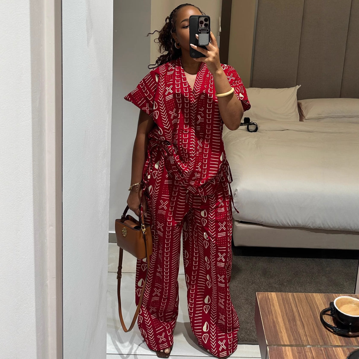 Women's Red Printed Shirt & Pants Set
