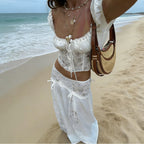 Spring Lace Stitching Lace Waist Controlled Top Women High Waist Sexy Lace up Skirt Beach Vacation Set