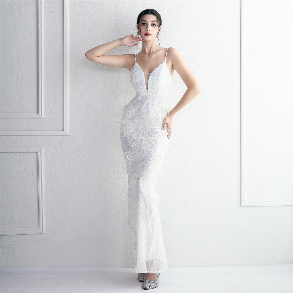 Women's Floral Beading Imported Wool Dress Long Banquet Slim Fit Evening