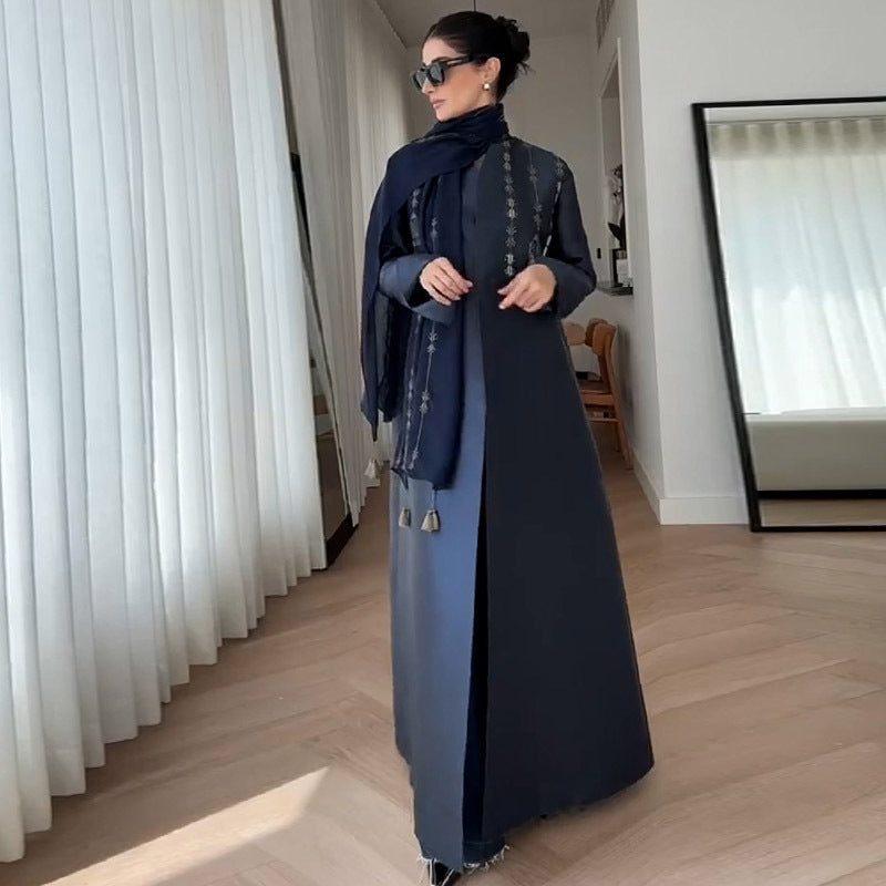 British Retro Motorcycle Embroidered Coat Midi Robe Trench Coat