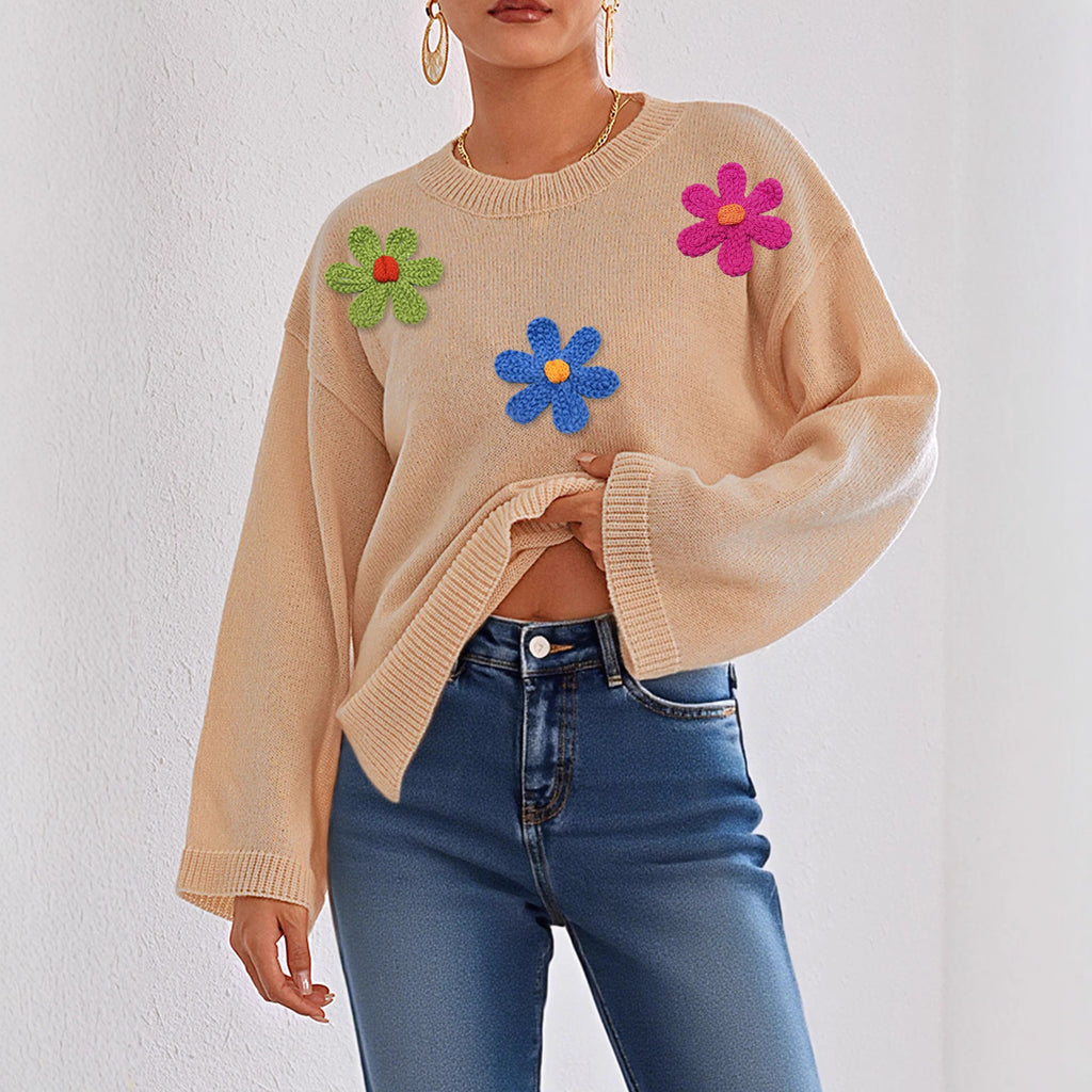Three Dimensional Colorful Floral Stitching Autumn Winter Loose Comfort Casual Long Sleeved Top Crew Neck Pullover Sweater Women
