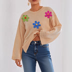Three Dimensional Colorful Floral Stitching Autumn Winter Loose Comfort Casual Long Sleeved Top Crew Neck Pullover Sweater Women