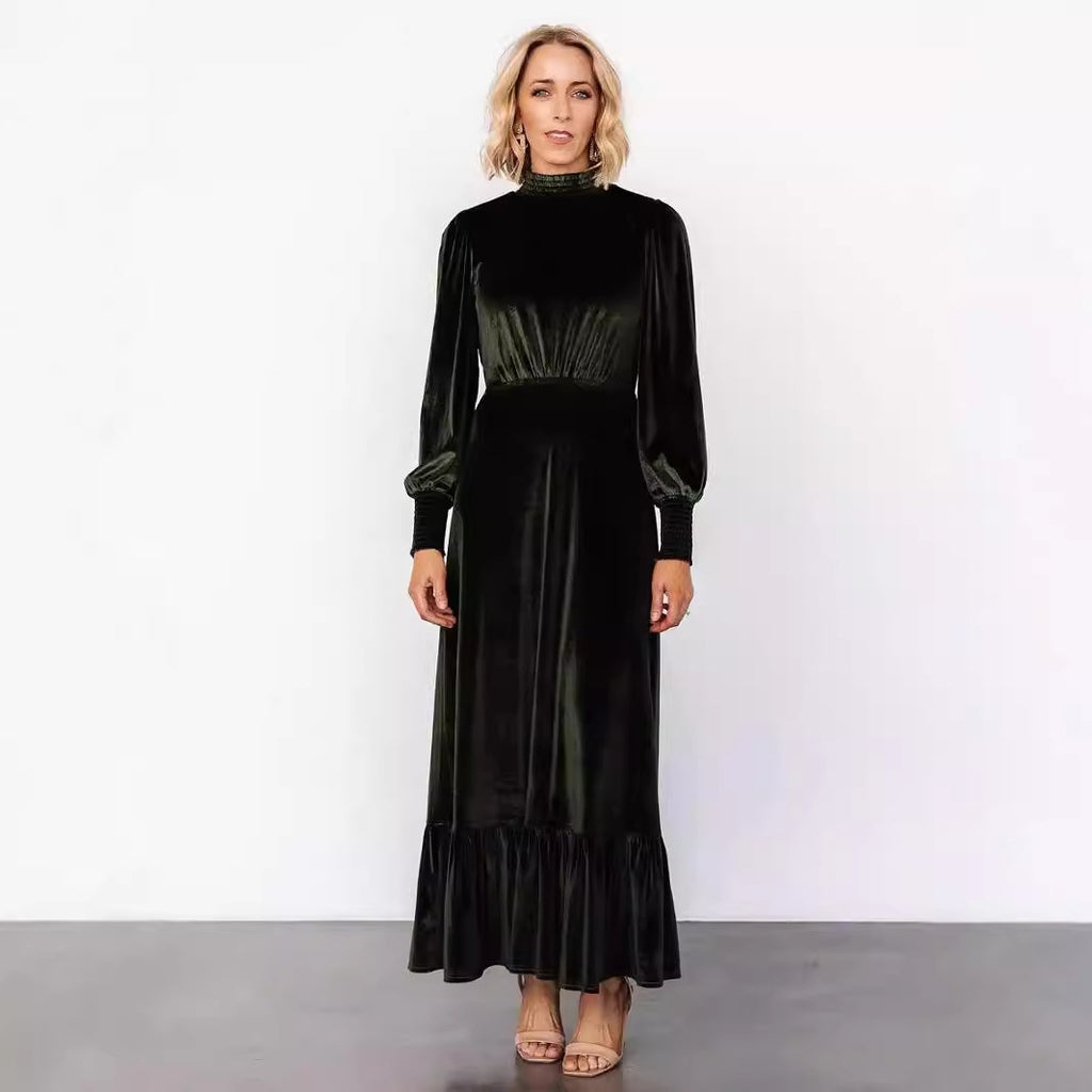 Gold Velvet High-Neck Drawstring-Sleeve Dress
