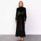 Gold Velvet High-Neck Drawstring-Sleeve Dress