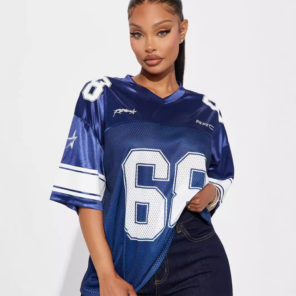 Women's Summer Stitching Letter Graphic Print Loose Sports Jersey Short Sleeve T Shirt
