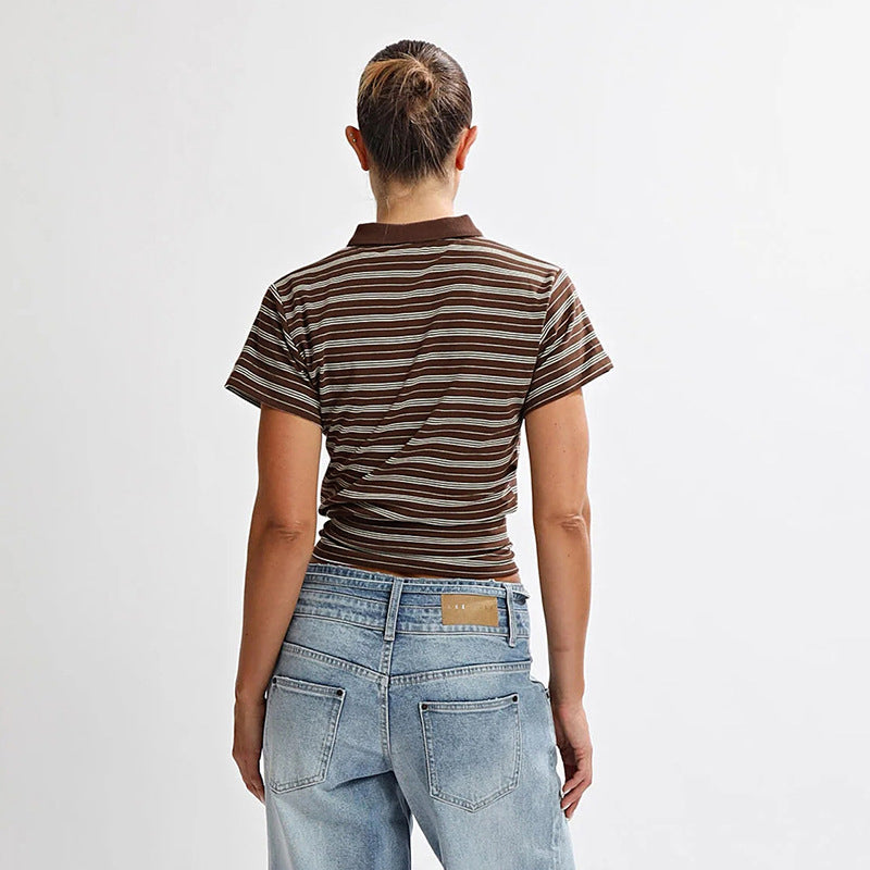 Women's Spring Summer Casual Striped Polo Collar Short Waist Tight T Shirt Top For Women