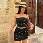 Bow Print Cropped Strapless Short Vest Short Skirt Two Piece Suit